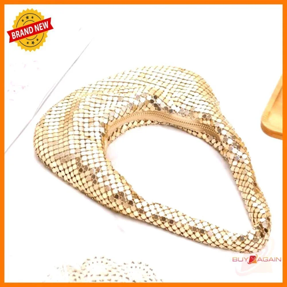 Metallic Moon-Shaped Hobo Handbag, Shiny Evening Purse for Parties